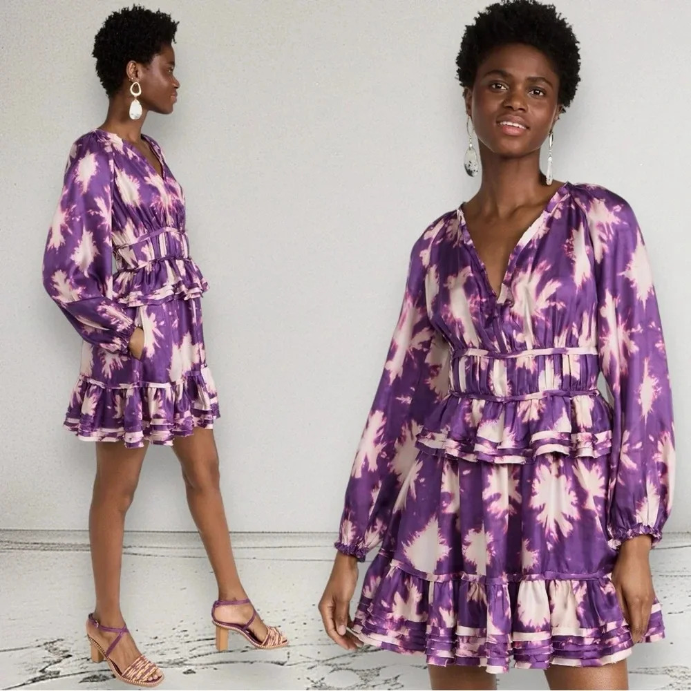 Ulla Johnson Emery silk mini dress in Cassis Blur Purple Long sleeve Size 4
